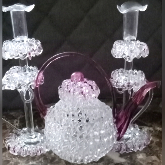 Set Of 3 Hand spun glass coffee pot w a purple accent with two candlesticks - Picture 4 of 13